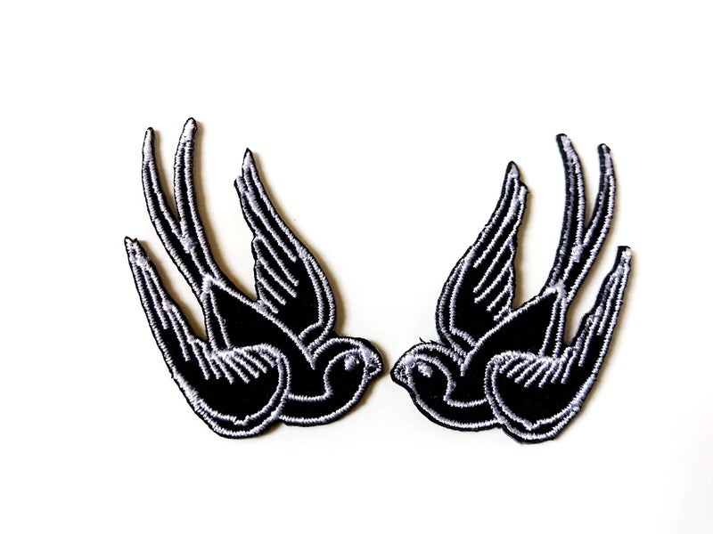 Tyga_Thai TH Set of 2 Tiny. Mini Black Little Bird Tattoo Swallow Dove Sparrow Cute Cartoon1 Logo Patches Sew Iron on Embroidered Applique Badge Sign Patch Clothing Costume - Image 2